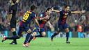 Messi, Alba i Xavi, celebrant el 2-1 provisional contra el Madrid. FOTO: MIGUEL RUIZ-FCB.