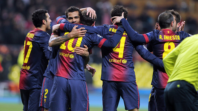 L'equip celebra un dels gols a Moscou / FOTO: MIGUEL RUIZ-FCB