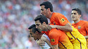 L'equip celebra el gol d'Alexis al Calderón / FOTO: MIGUEL RUIZ-FCB