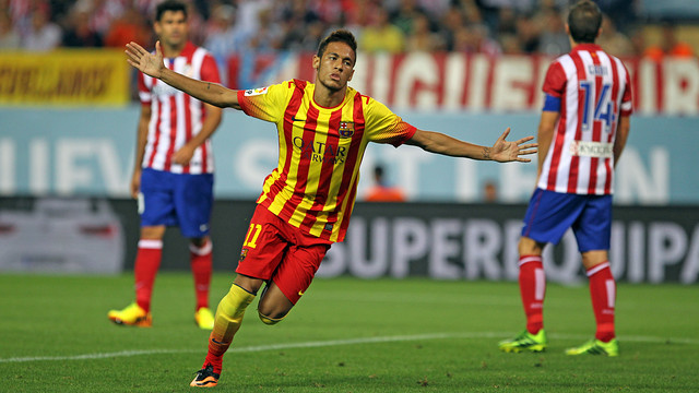 Neymar celebrates his first official goal for Barça / PHOTO: MIGUEL RUIZ-FCB