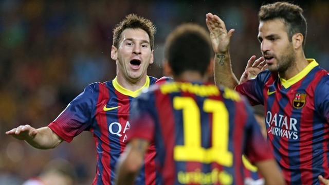 Messi, Neymar and Cesc celebrate the Argentinian's goal / PHOTO: MIGUEL RUIZ - FCB