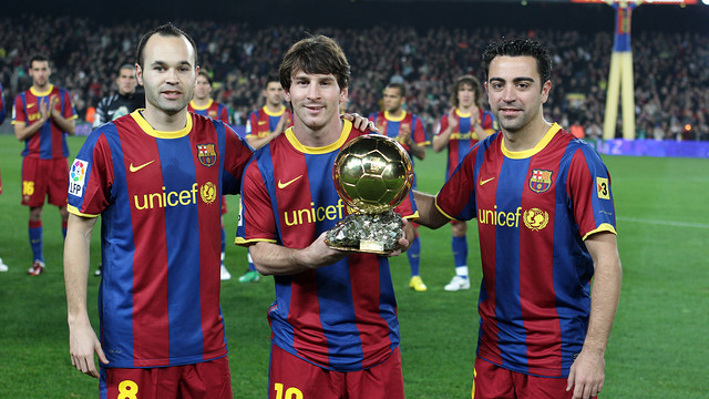 Iniesta, Messi and Xavi, top three finishers in the 2010 Ballon d'Or. PHOTO: MIGUEL RUIZ-FCB.