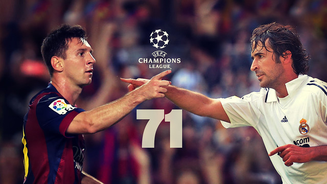 Design foto dari Messi dan Raul Gonsalez dengan angka 71 di tengah-tengah