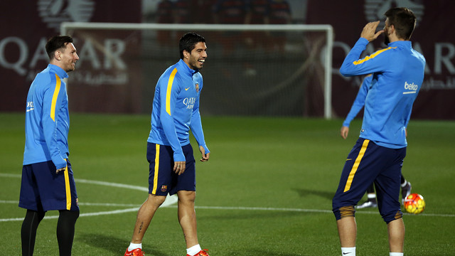 Luis Suárez, Messi and Piqué during Thursday's session / MIGUEL RUIZ - FCB